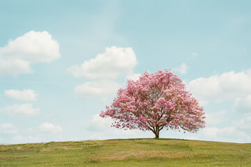 Solitary Magnolia tree with pink blossoms stands against a backdrop of a clear blue sky with fluffy...