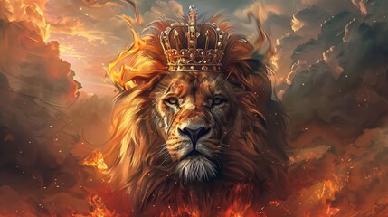 a lion with a crown on fire - Powered by Adobe