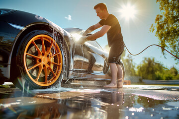 A person is washing a car with orange wheels, illuminated by bright sunlight. The image captures the dynamic motion of water and the gleaming car surface under the sun, care and maintenance