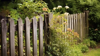 Garden enclosed by a weathered wooden fence