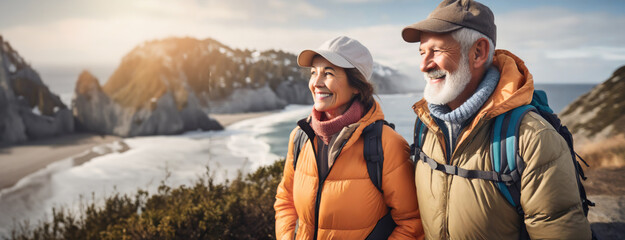 Elderly couple with backpacks enjoy coastal view during hike. Mature woman and man in outdoor adventure reflect a lifestyle of activity and exploration.