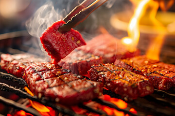 A close-up image of thick slices of marbled red meat being grilled over a flaming charcoal barbecue, tongs flipping one with visible grill marks - obrazy, fototapety, plakaty