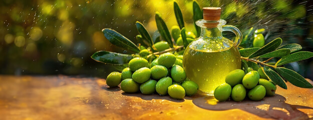 Olive Oil Splendor in Sunlit Grove. Glistening green olives beside a bottle of their oil,...
