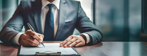 A businessman signs a contract, poised and professional in attire. Decisive action is captured, signifying an important agreement. Panorama with copy space. - obrazy, fototapety, plakaty
