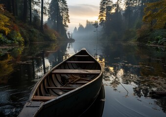 A canoe sits placidly on a serene lake, undisturbed by any movement
