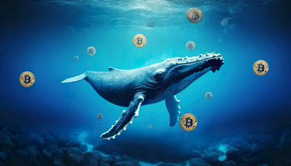 Blue ocean depths showcase Bitcoin currency with a majestic whale, symbolizing digital finance