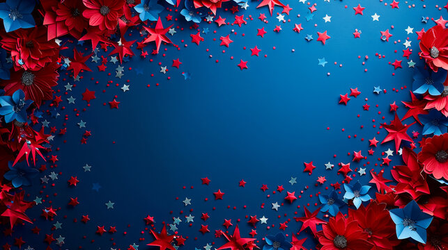 4th Of July American Independence Day Background Stars And Flowers  Decorations Flat Lay Copy Space Top View
