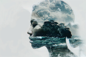Creative double exposure portrait of attractive woman with beautiful landscape. International Mother Earth Day. Environmental problems and protection. Caring for nature
