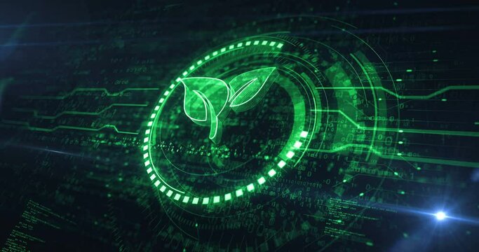 Eco friendly carbon neutral technology with ecology leaf symbol digital concept. Cyber technology and computer background abstract 3d animation. Seamless and loopable.