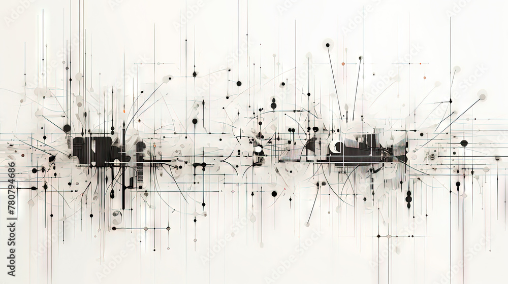 Poster abstract circuit board concept with black track lines on white background.