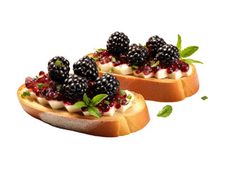 Blackberry Bruschetta isolated on transparent png background. Generative ai