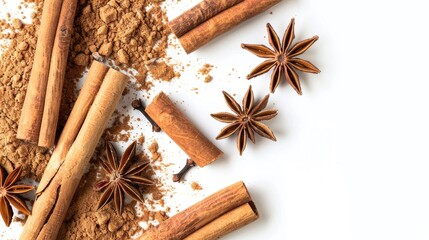 Close-up of dry cinnamon sticks, powder, and anise star isolated on white, showcasing their aromatic essence and culinary potential, space for text.