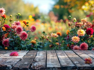 Dahlia garden beautifully unfurling behind an empty wooden table, ideal for showcasing products amidst nature's splendor
