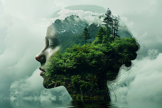Creative double exposure portrait of attractive woman with beautiful landscape. International Mother Earth Day. Environmental problems and protection. Caring for nature