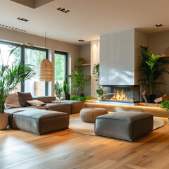 Scandinavian living room with modern fireplace, wood flooring, seating area, and greenery
