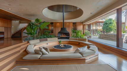 Scandinavian living room with conversation pit, circular fireplace, wood flooring, and bird of paradise plants
