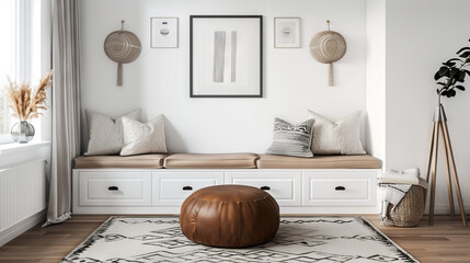 Scandinavian living room with white benches, leather ottoman, tripod lamps, and line art

