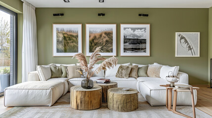 Luxurious Scandinavian living room with light olive green feature wall, bouclé sofas, abstract nature photos, and wood coffee tables
