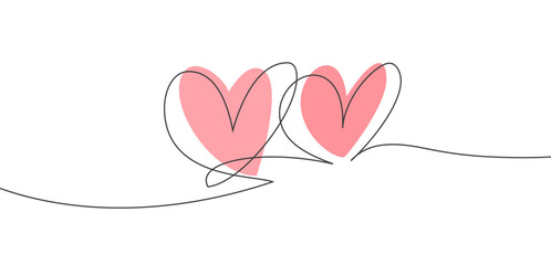 Two hearts. Continuous one line vector drawing. Black lines on a white background.