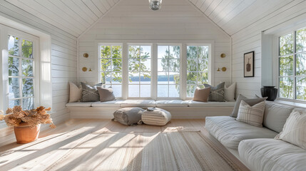 Fototapeta premium Scandinavian living room with shiplap ceiling, bay windows, window seat, and floor cushions 