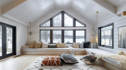 Scandinavian living room with shiplap ceiling, bay windows, window seat, and floor cushions
