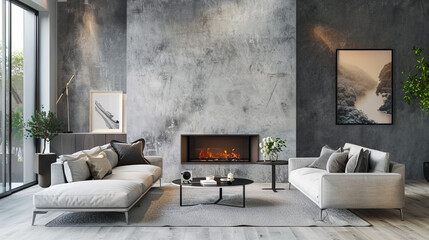 Scandinavian living room featuring granite fireplace, gray walls, slipcovered sofa, and landscape art
