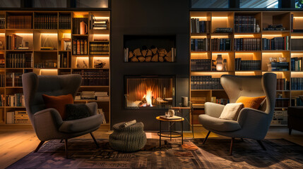 Scandinavian living room with bio-ethanol fireplace, bookcases, wing chairs, and cove lighting
