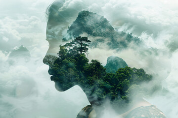 Creative double exposure portrait of attractive woman with beautiful landscape. International...