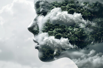 Creative double exposure portrait of attractive woman with beautiful landscape. International Mother Earth Day. Environmental problems and protection. Caring for nature - obrazy, fototapety, plakaty