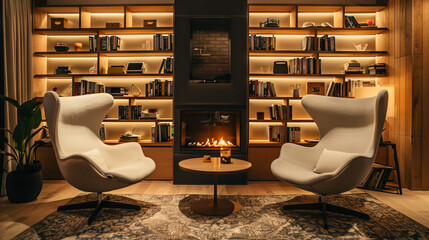 Scandinavian living room with bio-ethanol fireplace, bookcases, wing chairs, and cove lighting