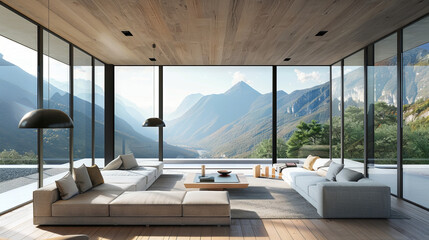 Scandinavian living room with mountain view, glass walls, wood seating, and minimalist decor
