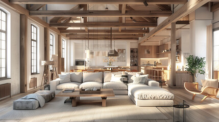 Scandinavian living room with open layout, wood beams, sectional sofa, and industrial lamps
