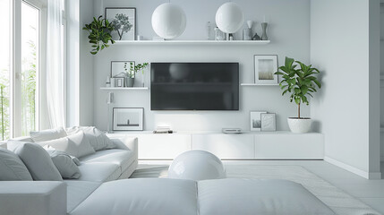 Luxurious Scandinavian Living Room Showcasing a Monochromatic White Color Scheme, High-End Minimalist Furniture, Abstract Ceramic Sculptures, and Potted Snake Plants
