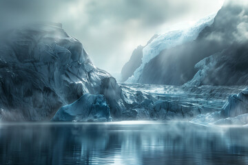 Majestic Glacial Serenity: A Spectacular Ice Landscape Reflected in Tranquil Waters - obrazy, fototapety, plakaty