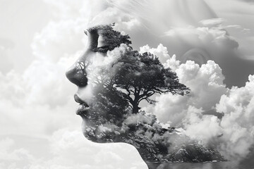 Creative double exposure portrait of attractive woman with beautiful landscape. International Mother Earth Day. Environmental problems and protection. Caring for nature