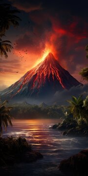 A large volcano spewing hot lava and gases into the atmosphere on a tropical island. Generative AI