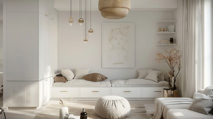 Luxurious Scandinavian Living Room Showcasing a Monochromatic White Color Scheme, High-End Minimalist Furniture, Abstract Ceramic Sculptures, and Potted Snake Plants
