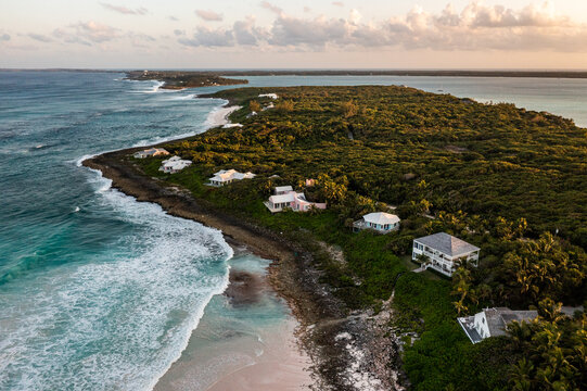 Aerial view of the north end of Harbour Island with beach, surf and island homes, Eleuthera, Bahamas