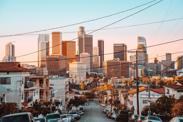 the skyline of los angeles during sunrise, california - 780796838