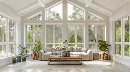 Luxurious Scandinavian Living Room Showcasing a Monochromatic White Color Scheme, High-End Minimalist Furniture, Abstract Ceramic Sculptures, and Potted Snake Plants
