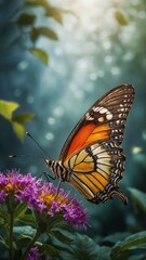 Obraz premium Vibrant butterfly, with wings displaying mix of orange, black, white patterns, perches delicately on purple flowers. Sunlight filters through green leaves in background.