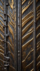 Intricately designed metal door, where elegance of golden leaf-like patterns emerges from dark, textured background. Golden elements, resembling branches, leaves, weave gracefully across surface.