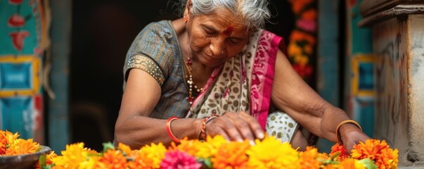 Indian woman making gerland from differnt flowers.