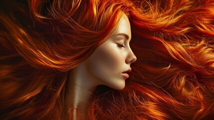 Beautiful Hair. Saturated healthy shiny hair after dyeing. Concept of recovery structure. Beauty Model girl with Healthy auburn Hair. Beautiful woman with long ginger shiny wavy hair. Hairstyle - obrazy, fototapety, plakaty