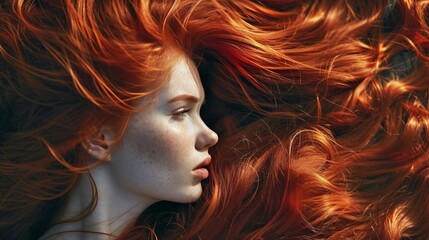 Beautiful Hair. Saturated healthy shiny hair after dyeing. Concept of recovery structure. Beauty Model girl with Healthy auburn Hair. Beautiful woman with freckles and long ginger shiny wavy hair - obrazy, fototapety, plakaty