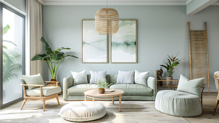 Luxurious Scandinavian Living Room Showcasing a Monochromatic White Color Scheme, High-End Minimalist Furniture, Abstract Ceramic Sculptures, and Potted Snake Plants

