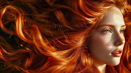 Beautiful Hair. Beauty woman with luxurious long hair as background. Beauty Model girl with Healthy auburn Hair. Beautiful woman with freckles and long ginger shiny wavy hair. Hairstyle - obrazy, fototapety, plakaty