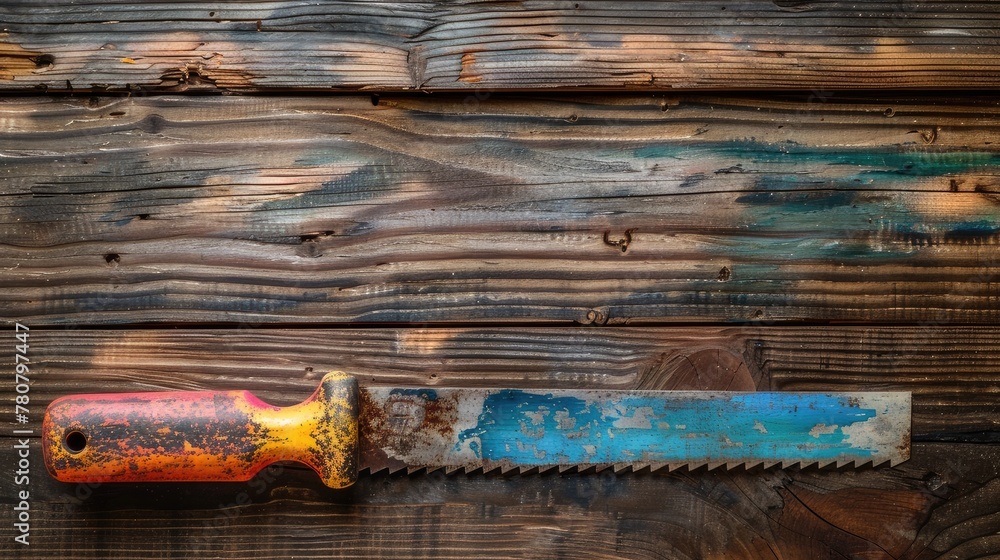 Poster top view of a saw with a colorful handle against a rustic wooden backdrop