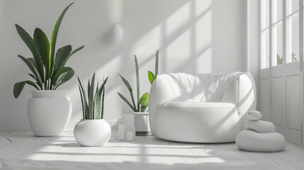 Fototapeta na wymiar Luxurious Scandinavian Living Room Showcasing a Monochromatic White Color Scheme, High-End Minimalist Furniture, Abstract Ceramic Sculptures, and Potted Snake Plants 