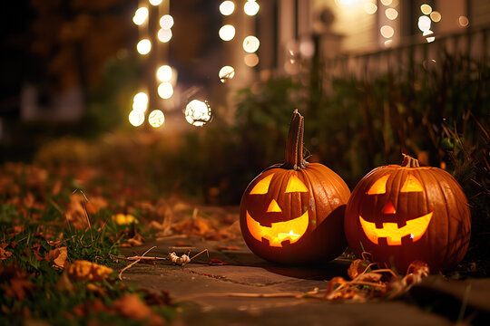 Haunting jack lanterns pumpkins with flickering lights set against a dusky autumn and spirit of halloween night background